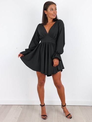 Langärmeliges Mini-Kleid mit tiefem V-Ausschnitt und Rüschen Schwarz A167